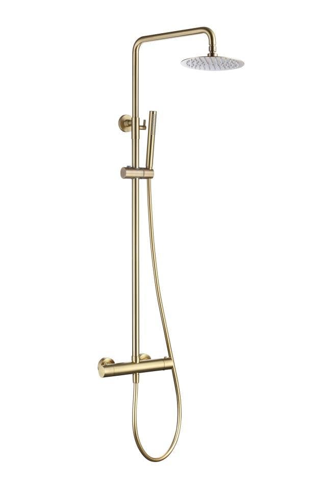 Aquarius Bathrooms Bar Valve Kit Aquarius RainLux Cool Touch Exposed Adjustable Height Round Shower Brushed Brass AQRL17BB