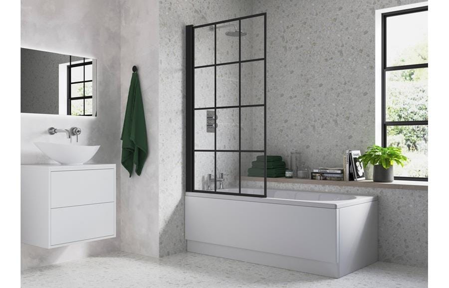 Aquarius Bathrooms Hinged Crittall Bath Screen Aquarius LevAqua Straight 6mm Matt Black Crittall Hinged Bath Screen 1500 x 800mm AQLA0114