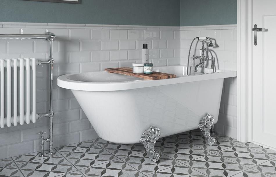 Aquarius Bathrooms Freestanding Bath Aquarius Timeless Luxury Freestanding Corner 2TH Bath With Chrome Ravenclaw Feet 1700mm