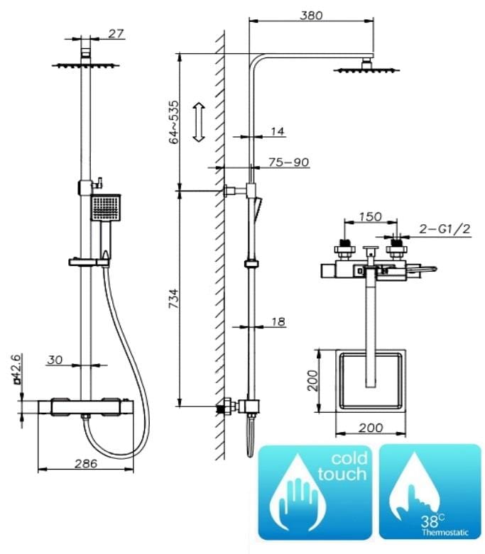 Aquarius Bathrooms Bar Valve Kit Aquarius RainLux Cool Touch Exposed Adjustable Height Square Shower Brushed Brass AQRL18BB