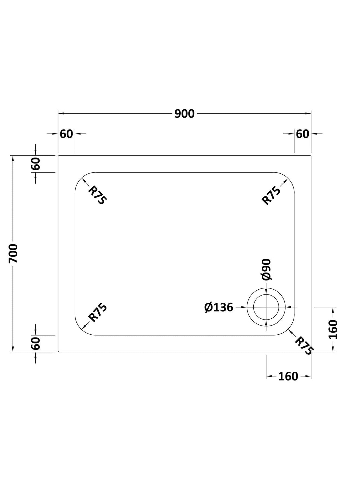 Aquarius Bathrooms Rectangle Shower Tray 900x700mm Aquarius Urbano Rectangular 45mm Stone Resin Shower Tray in White