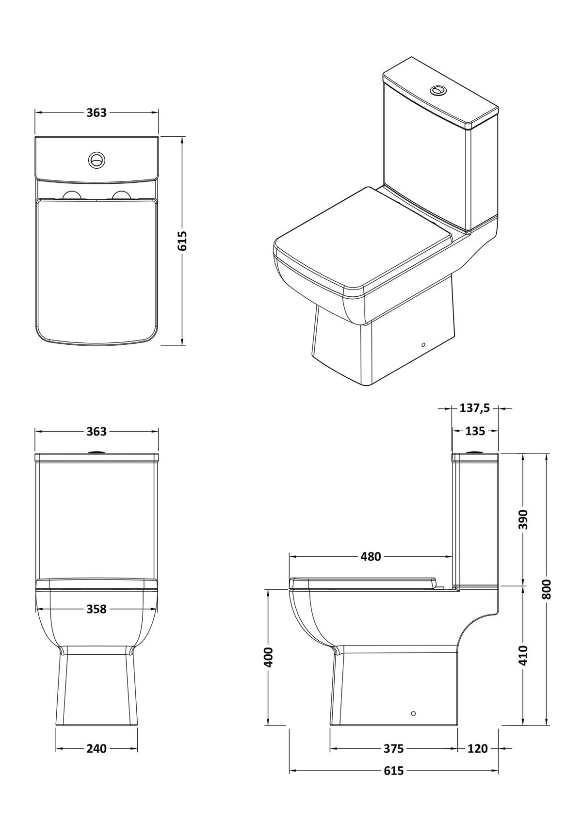 Aquarius Paragon Rimless Close Coupled Square Open Back Toilet with Soft Close Quick Release Seat