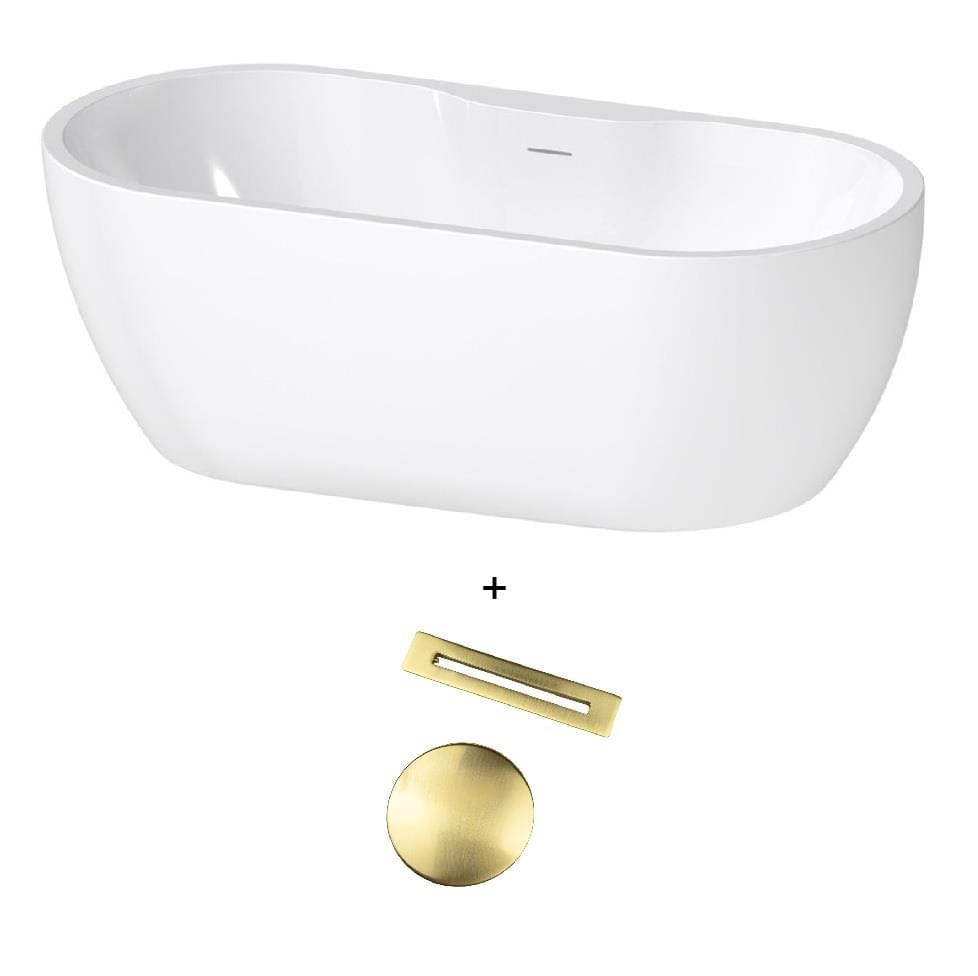 Aquarius Bathrooms Modern Freestanding Bath Brushed Brass Aquarius Luxor Freestanding Soaking Bath Tub - 1650 x 745mm - Gloss White