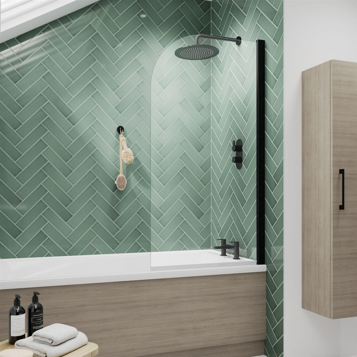 Aquarius Bathrooms Bath Screen Matt Black Aquarius LevAqua Curved 6mm Hinged Bath Screen 1400 x 800mm