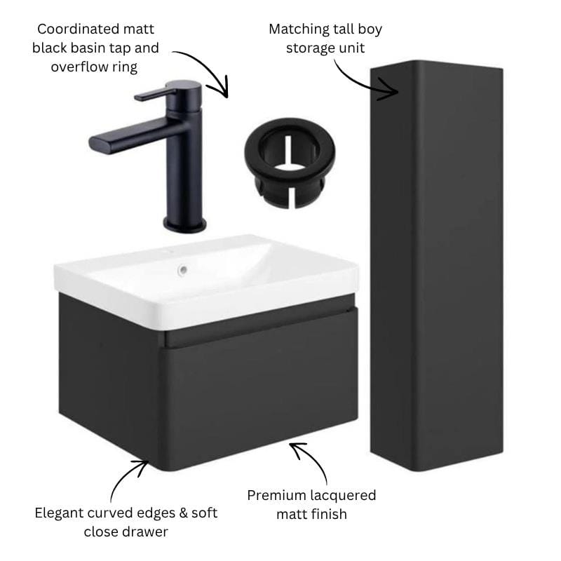 Aquarius Vanity Unit Aquarius Sophie 605mm Wall Hung Vanity Unit, Tall Boy Storage Unit, Tap and Fittings Bundle