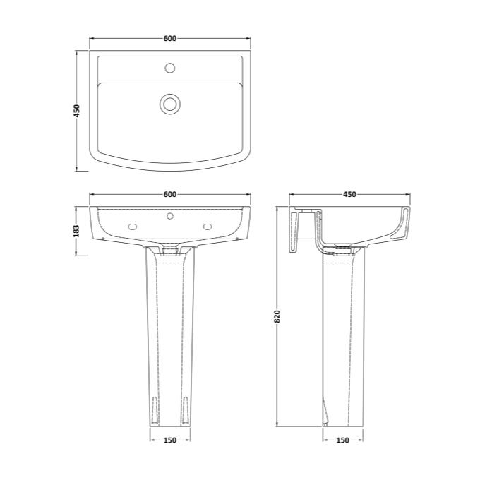 Aquarius Bathrooms Pedestal Basin Aquarius Squared 600mm One Tap Hole Basin with Pedestal