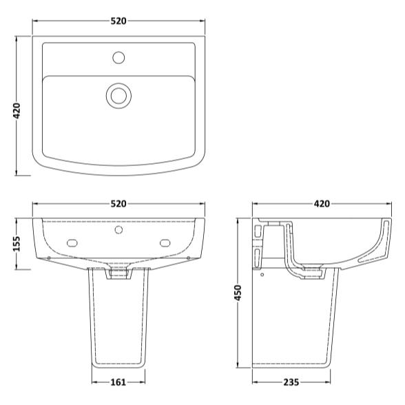 Aquarius Bathrooms Pedestal Basin Aquarius Squared 520mm One Tap Hole Basin and Pedestal