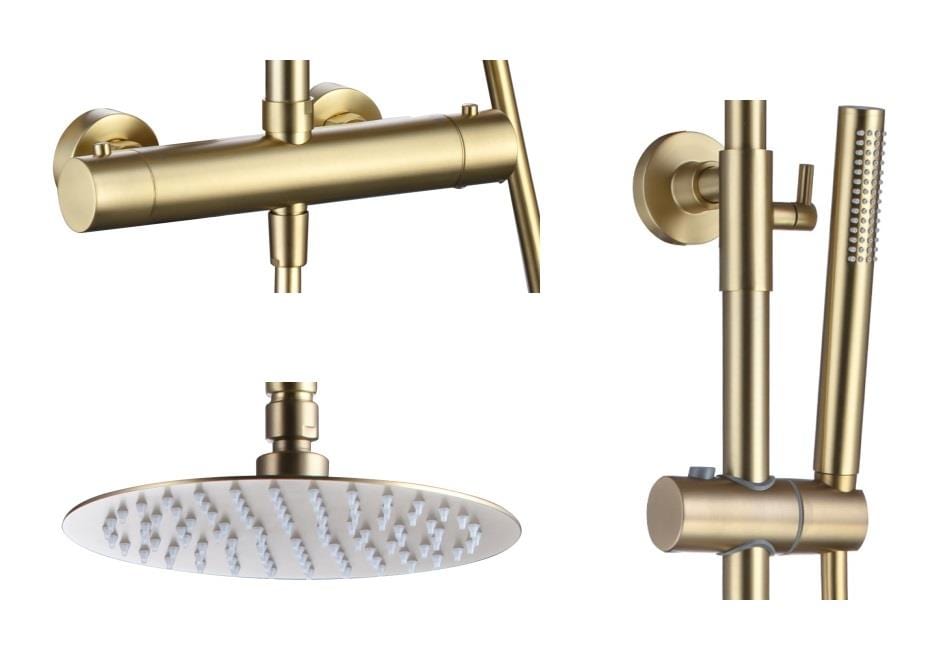 Aquarius Bathrooms Bar Valve Kit Aquarius RainLux Cool Touch Exposed Adjustable Height Round Shower Brushed Brass AQRL17BB