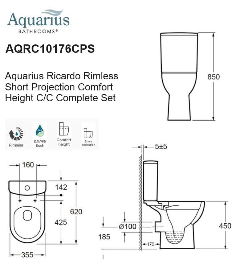 Aquarius Bathrooms Close Coupled Toilet Aquarius Ricardo Rimless Short Projection Comfort Height C/C Complete Set AQRC10176CPS