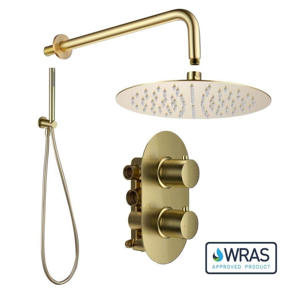 Aquarius Bathrooms Concealed Shower Set Brushed Brass Aquarius RainLux Round 2 Outlet Shower Set with Shower Head and Single Function Handset
