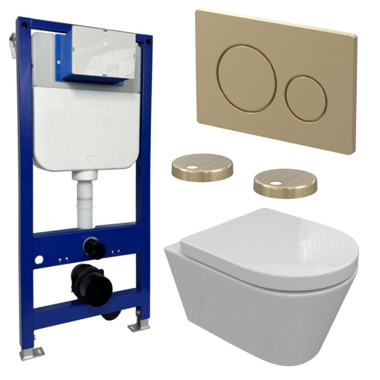 Aquarius Bathrooms Wall Hung Toilet Brushed Brass / Round Aquarius Urbano Rimless Wall Hung Toilet Pack with Frame, Flush Plate, Soft Closing Seat and Hinge Covers
