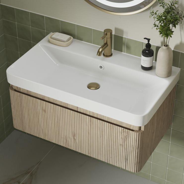 Aquarius Corinthe Fluted Wall Mounted One Drawer Vanity Unit with Basin in Textured Oak