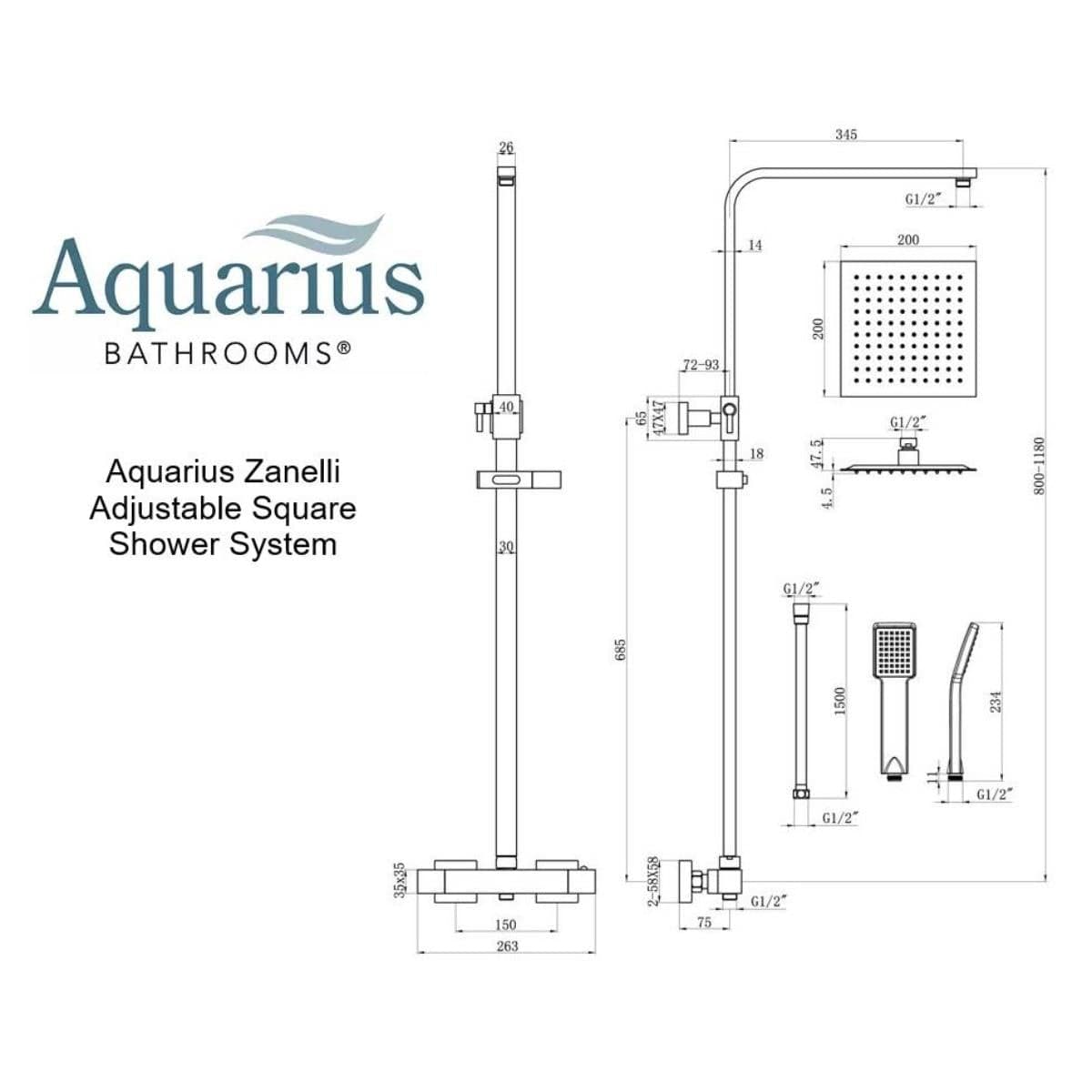 Aquarius Bathrooms Shower Set Aquarius Zanelli Square Exposed Valve Adjustable Shower Set with Shower Head and Handset in Brushed Bronze