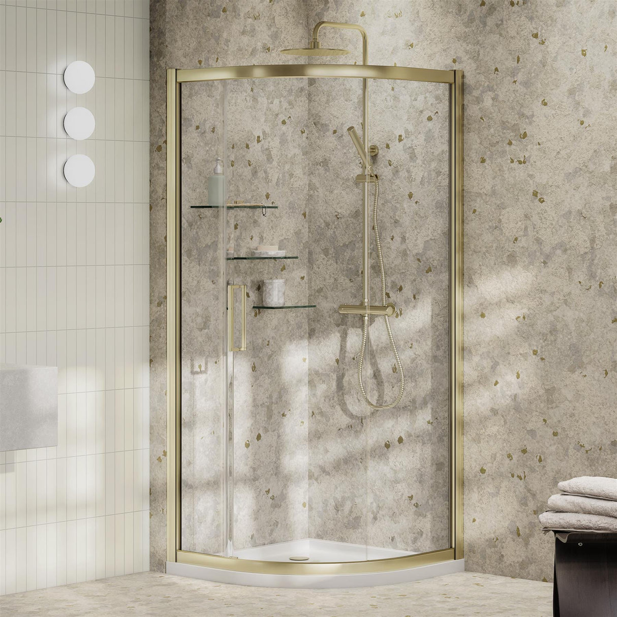 Aquarius Bathrooms Quadrant Shower Enclosure Brushed Brass / 900mm Aquarius Pluvia 8mm Quadrant Single Sliding Shower Door