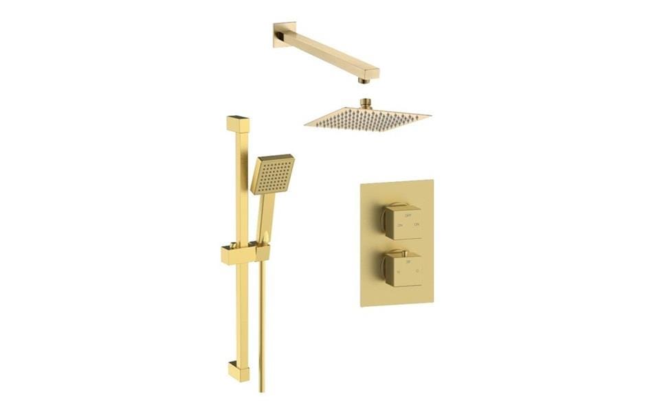 Aquarius Bathrooms Concealed Valve Kit Aquarius Modern Square Shower Bundle with Riser Brushed Brass AQBND0124