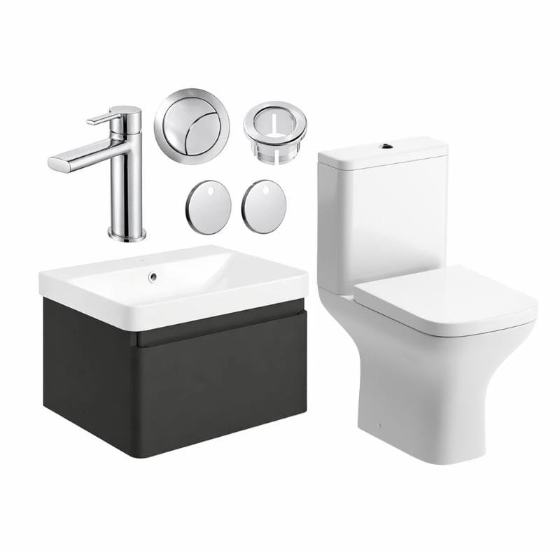 Aquarius Vanity Unit Matt Black / Chrome Aquarius Sophie 605mm Wall Hung Vanity Unit, Close Coupled Toilet, Tap and Fittings Bundle