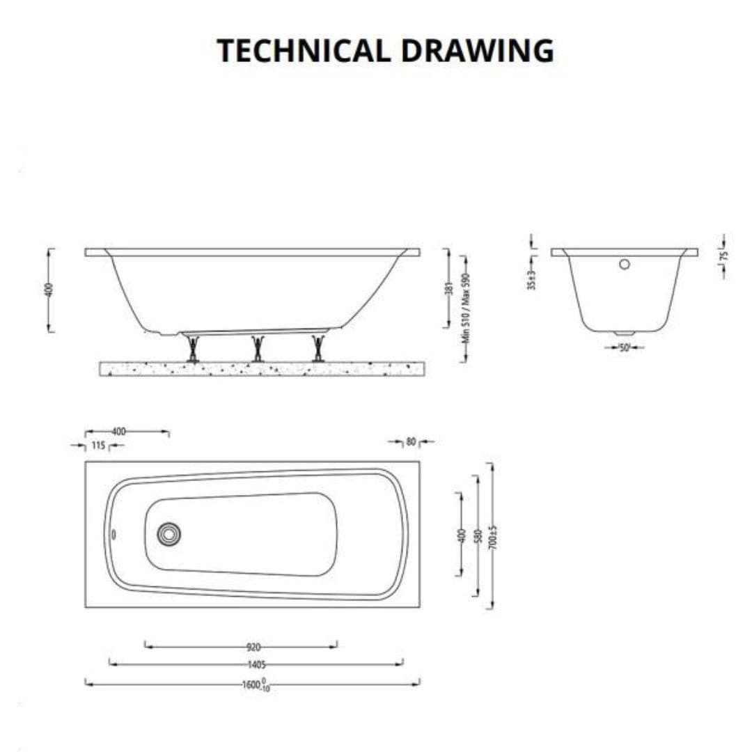 Aquarius Bathrooms Single Ended Bath 1600 x 700 Aquarius Agar Single Ended Reinforced Bath