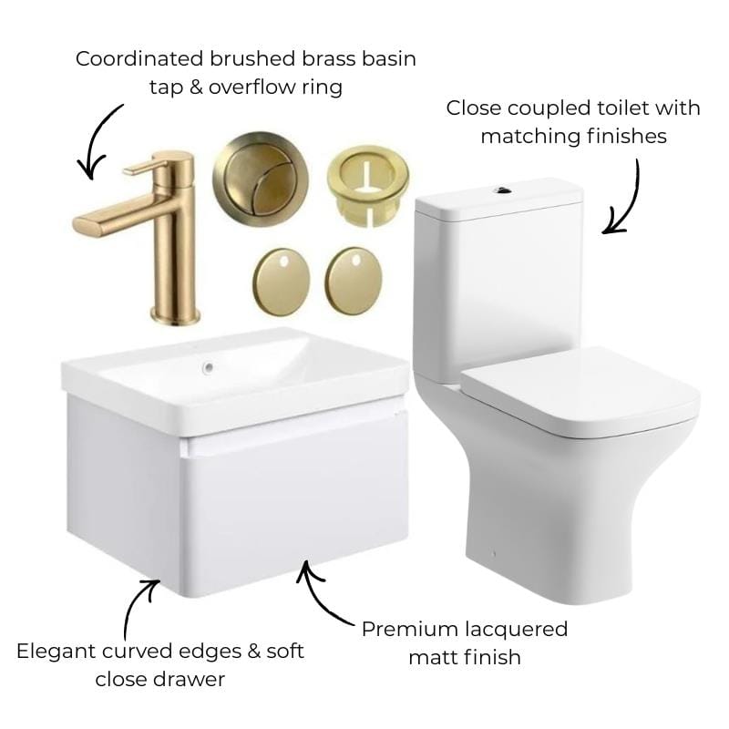 Aquarius Vanity Unit Aquarius Sophie 605mm Wall Hung Vanity Unit, Close Coupled Toilet, Tap and Fittings Bundle