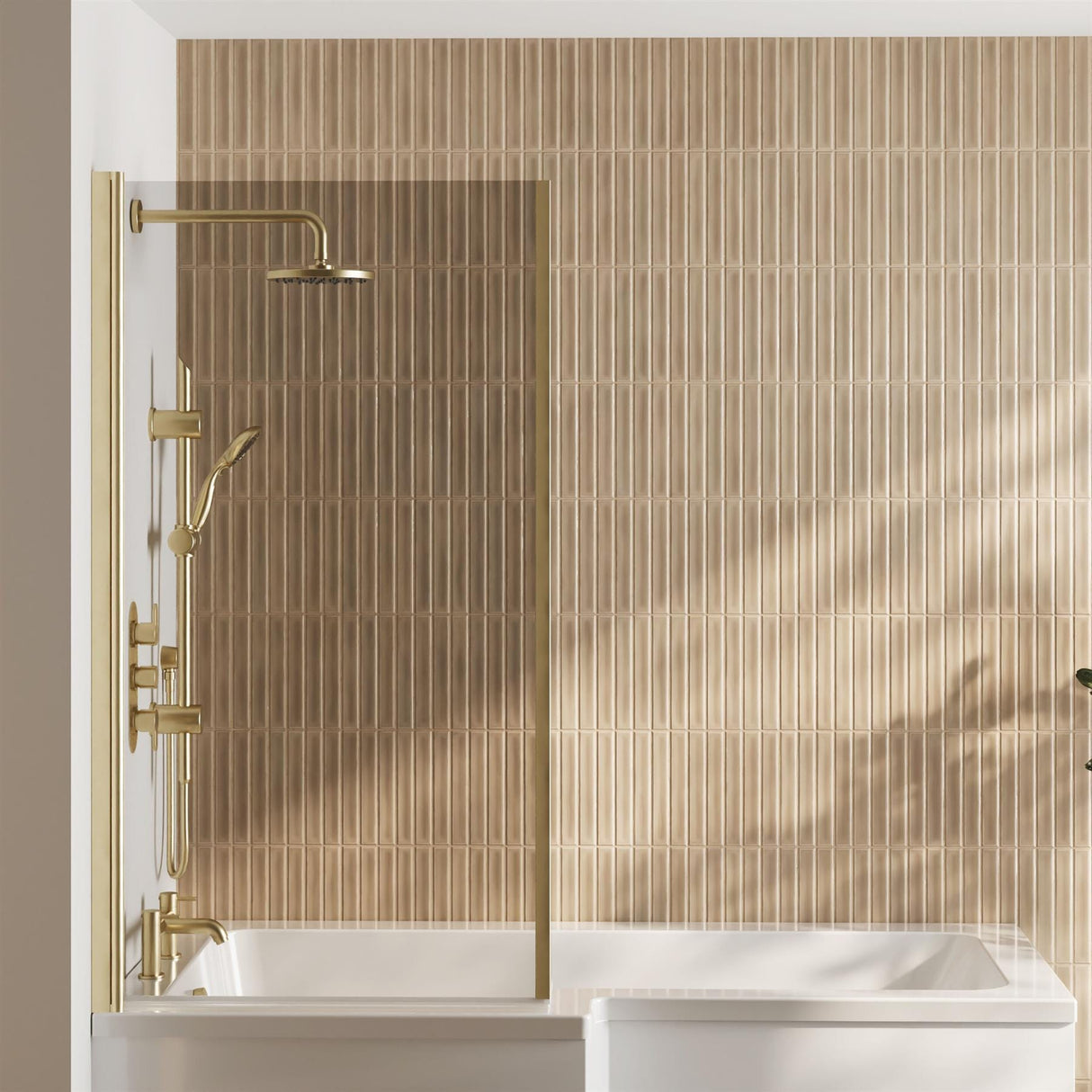 Aquarius Bathrooms Bath Screen Brushed Brass Aquarius LevAqua L-Shaped 6mm Hinged Bath Screen with Fixed Return