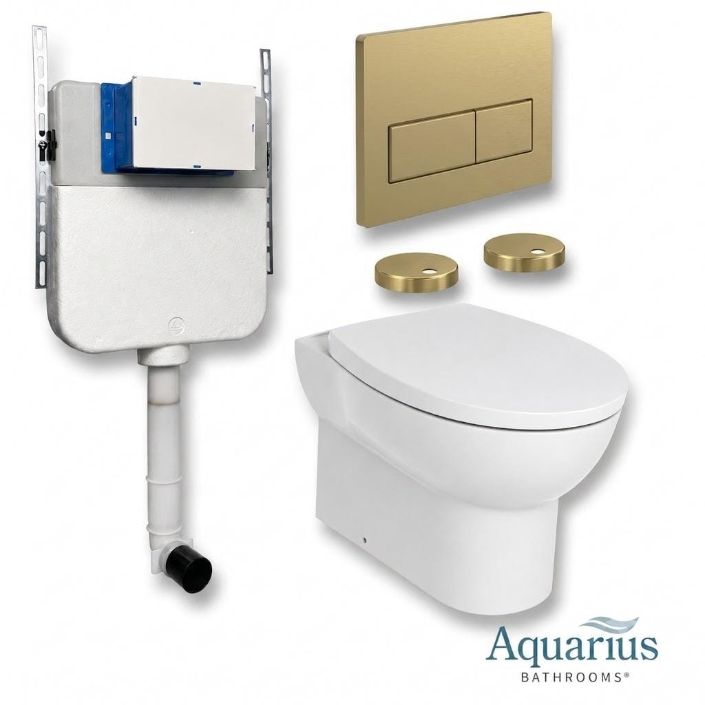 Aquarius Bathrooms Back To Wall Toilet Brushed Brass / Square Aquarius Urbano Rimless Back to Wall Toilet Pack with Cistern, Flush Plate, Soft Closing Seat and Hinge Covers