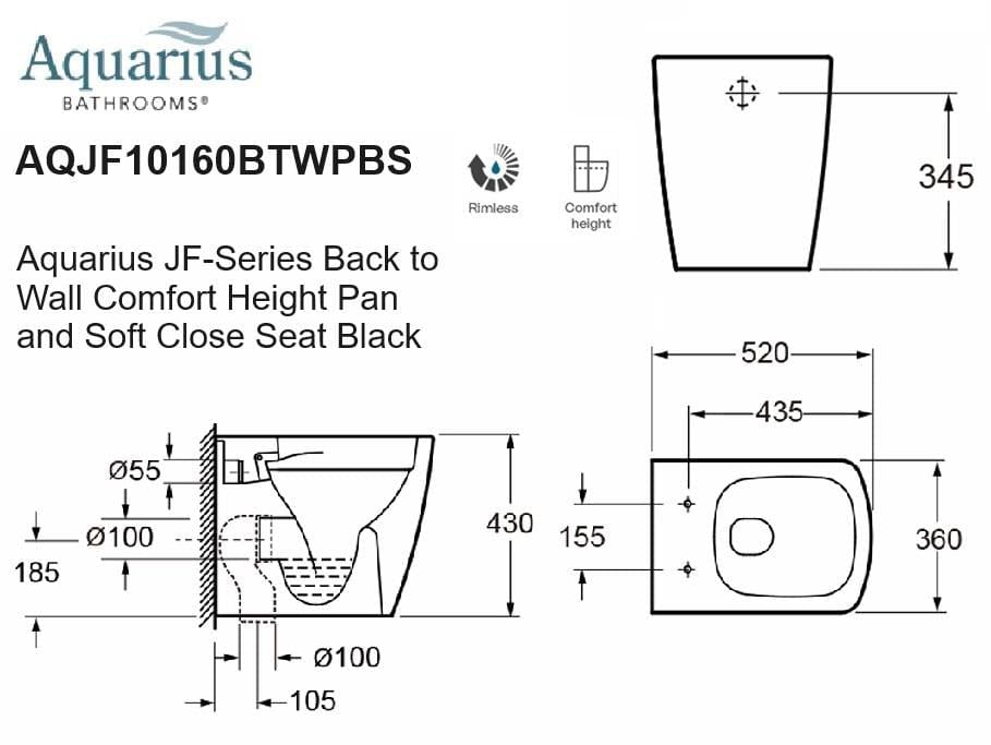 Aquarius Bathrooms Back To Wall Toilet Aquarius JF-Series Back to Wall Comfort Height Pan and Soft Close Seat Black