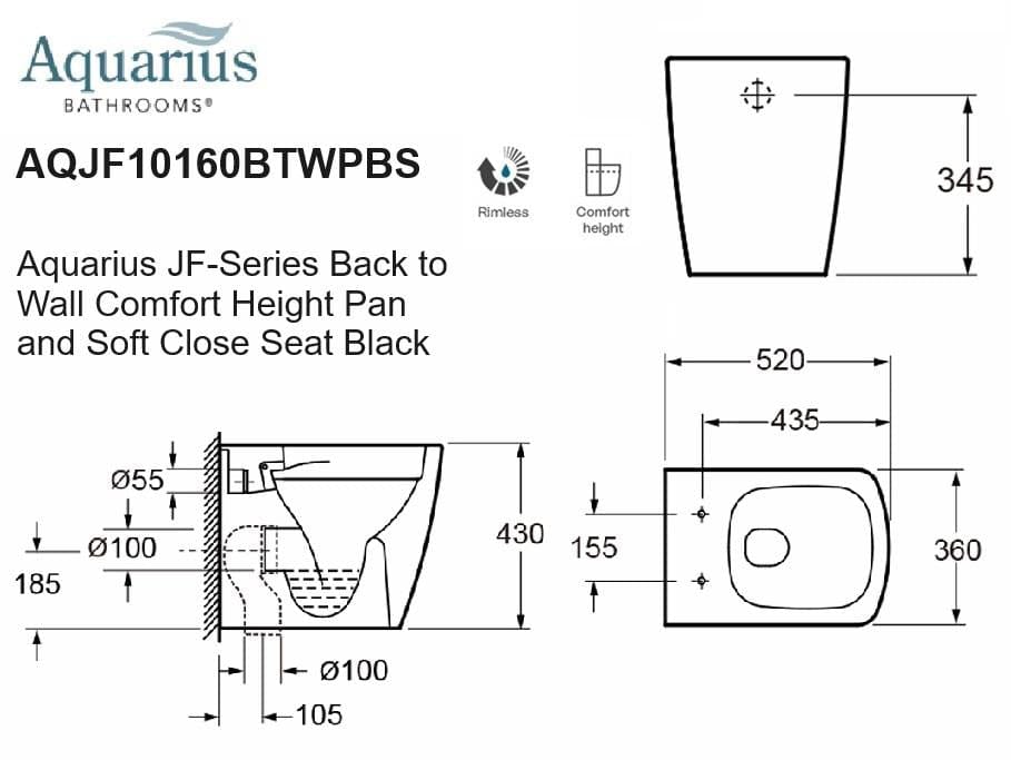 Aquarius Bathrooms Back To Wall Toilet Aquarius JF-Series Back to Wall Comfort Height Pan and Soft Close Seat Black