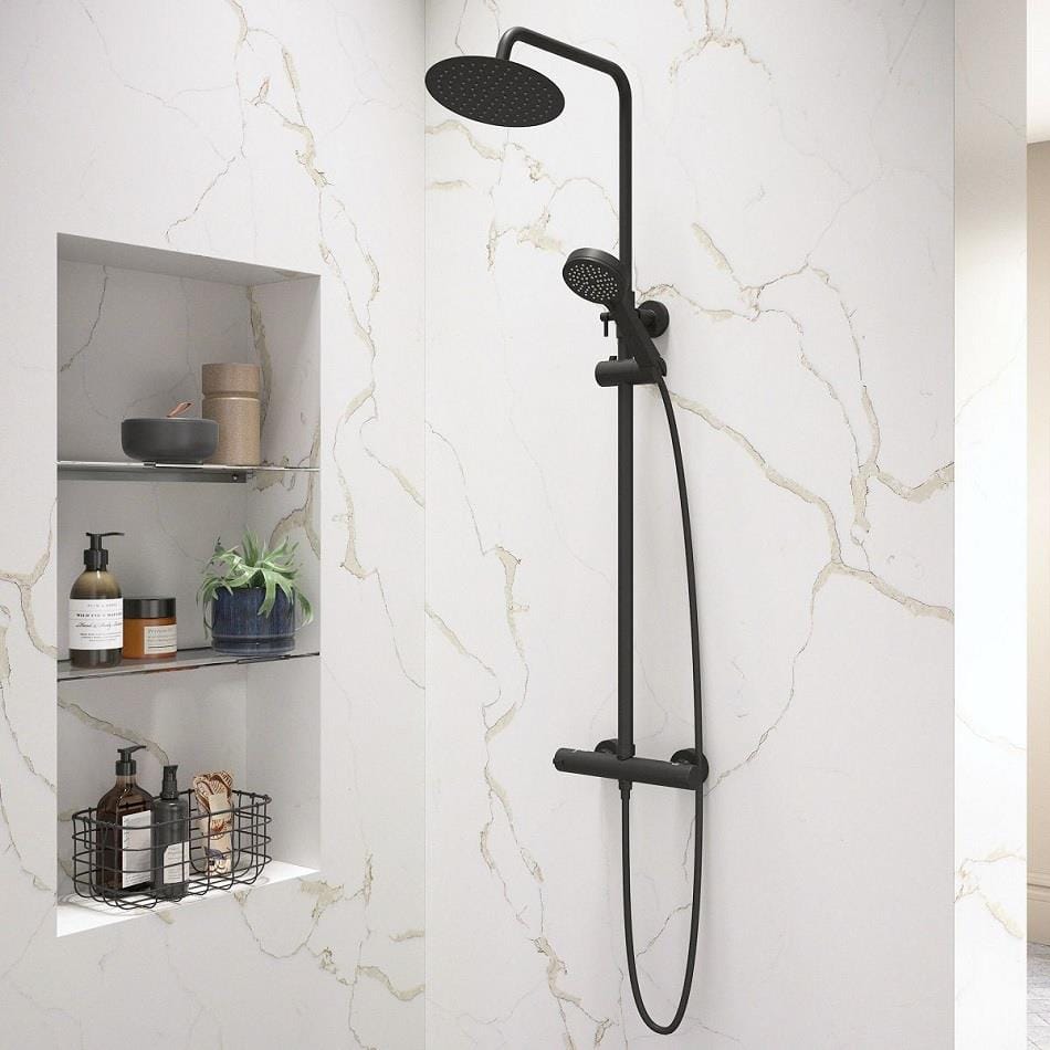 Aquarius Exposed Thermostatic Bar Shower Overhead and Handheld Shower in Matt Black