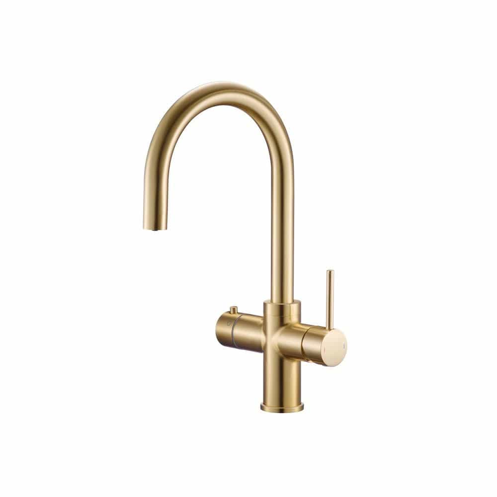 Aquarius Bathrooms Instant Hot Water Tap Brushed Brass Aquarius TrueCook 4-in-1 Instant Hot Water Kitchen Tap with Swan Spout