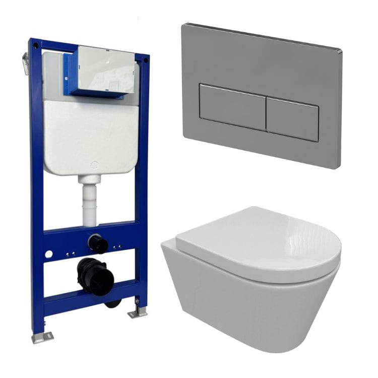 Aquarius Bathrooms Wall Hung Toilet Chrome / Square Aquarius Urbano Rimless Wall Hung Toilet Pack with Frame, Flush Plate, Soft Closing Seat and Hinge Covers