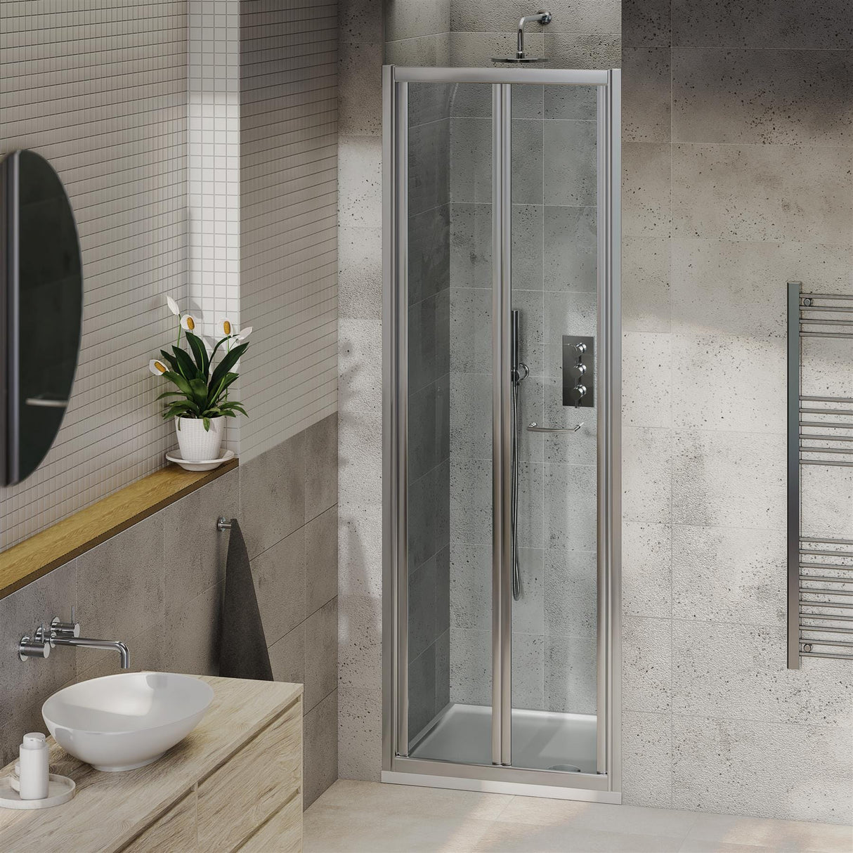 Aquarius Bathrooms Bi-Fold Shower Door 900mm Aquarius Pluvia 8mm Bifold Shower Door in Silver