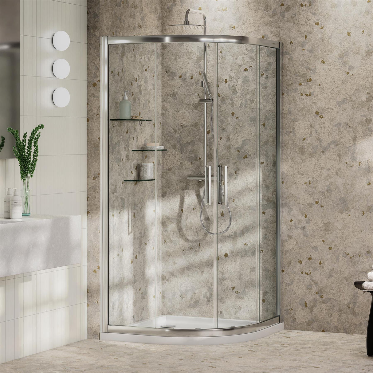 Aquarius Bathrooms Quadrant Shower Enclosure 900mm Aquarius Pluvia 8mm Quadrant Double Sliding Shower Door in Silver