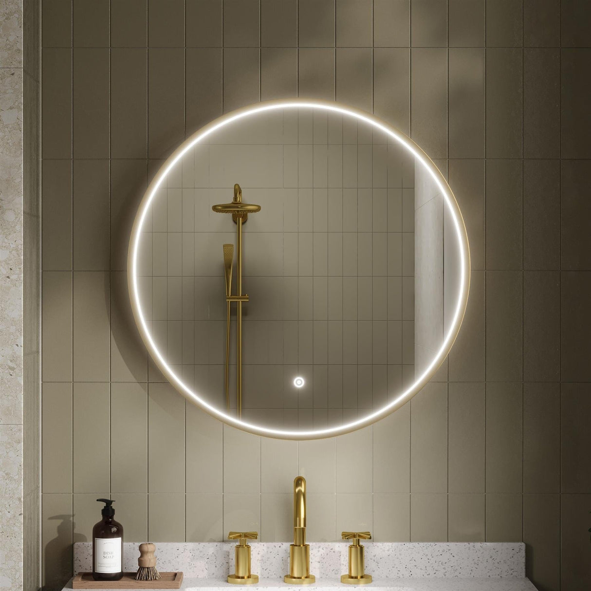 Aquarius Bathrooms Illuminated Mirror Brushed Brass / 600mm Aquarius Lumine Inset Framed LED Touch Sensor Round Mirror