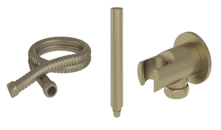 Aquarius Bathrooms Shower Kit Aquarius Modern Round Wall Mounted Shower Kit with Outlet and Hose Brushed Brass AQ60102456