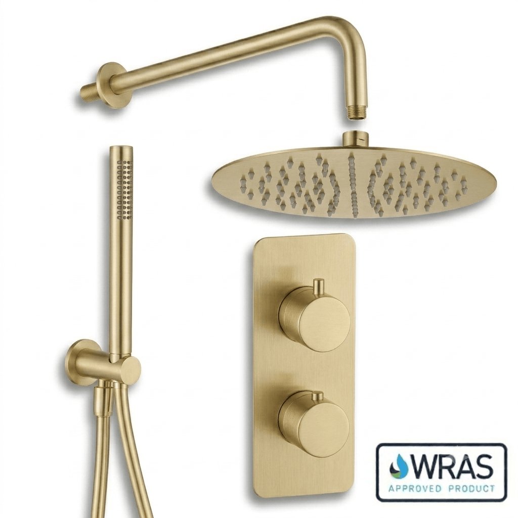 Aquarius Bathrooms Concealed Shower Set Brushed Brass Aquarius RainLux 2 Outlet Thermostatic Shower Set with Shower Head and Single Function Handset