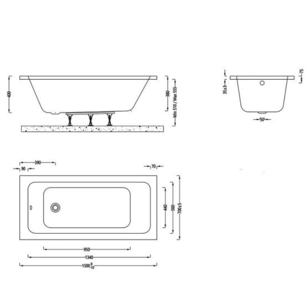 Aquarius Bathrooms Single Ended Bath 1500 x 700mm Aquarius Aaron Single Ended Standard Bath