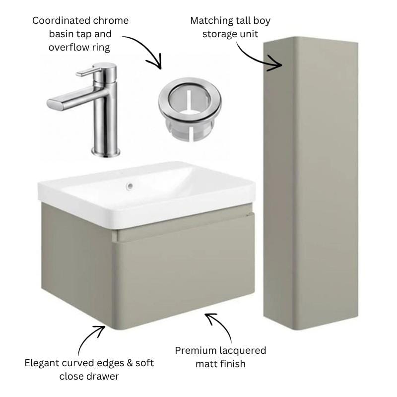 Aquarius Vanity Unit Aquarius Sophie 605mm Wall Hung Vanity Unit, Tall Boy Storage Unit, Tap and Fittings Bundle