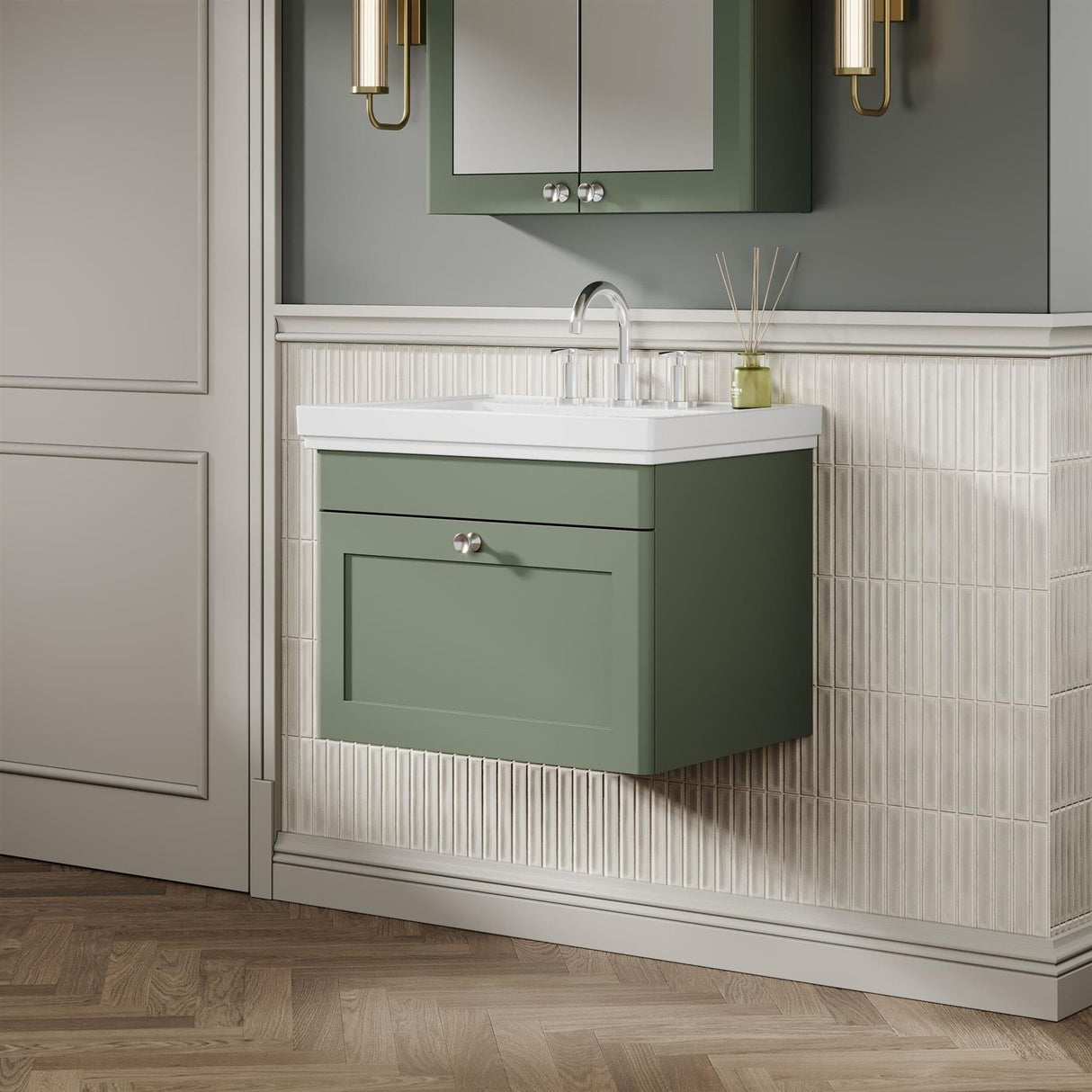 Aquarius Wall Mounted Vanity Unit Green / 3 Aquarius Leighton 600mm Wall Mounted One Drawer Vanity Unit with Basin