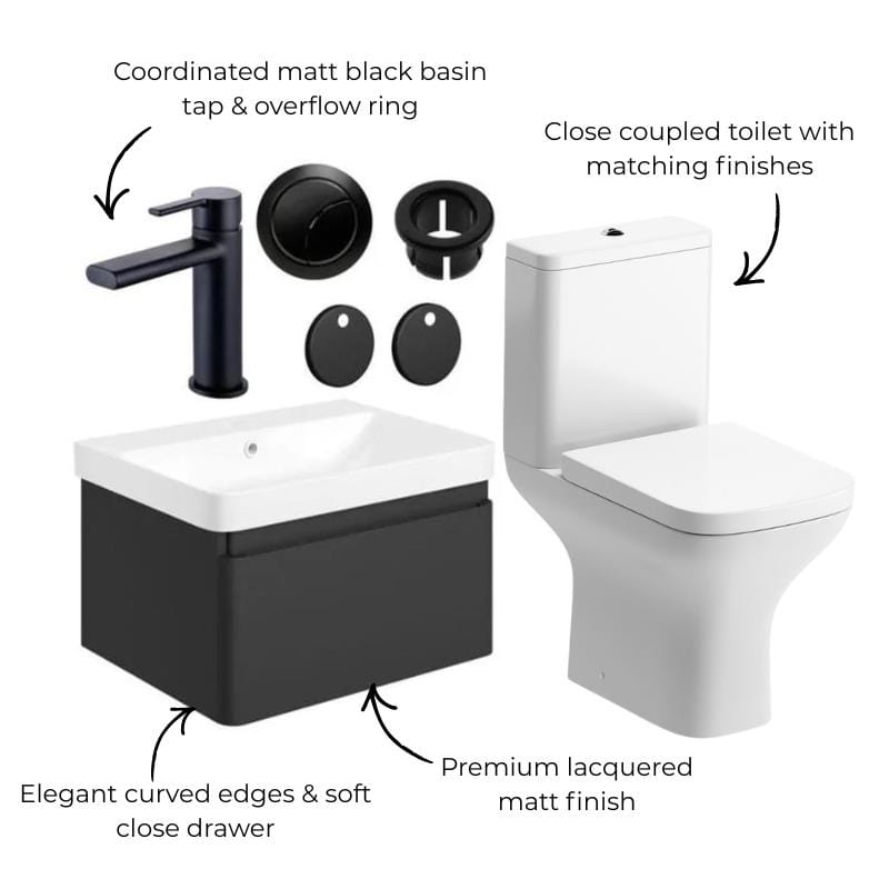 Aquarius Vanity Unit Aquarius Sophie 605mm Wall Hung Vanity Unit, Close Coupled Toilet, Tap and Fittings Bundle