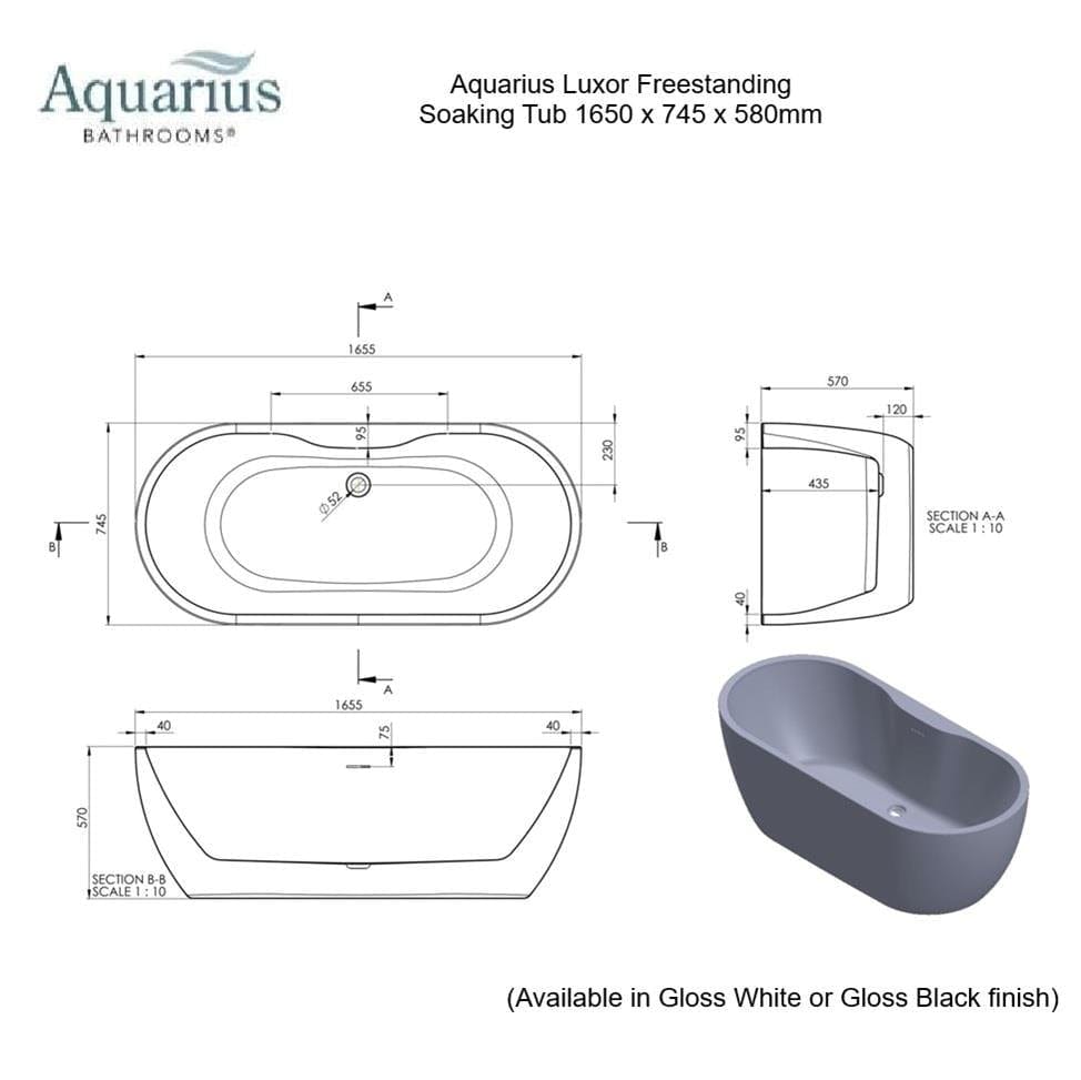 Aquarius Bathrooms Freestanding Bath Aquarius Luxor Freestanding Soaking Bath Tub - 1650 x 745mm - Gloss Black