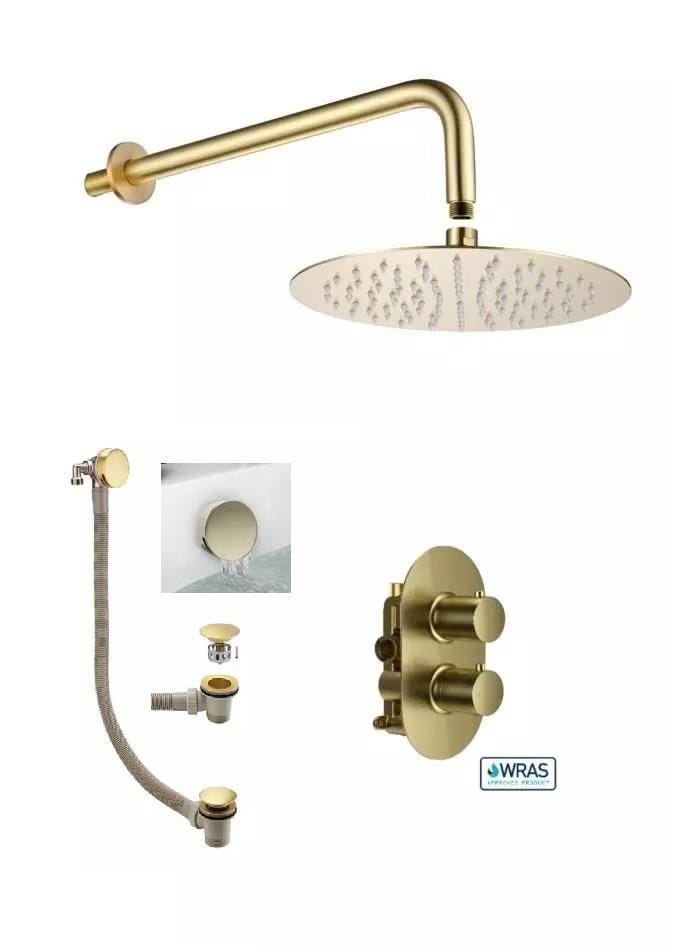 Aquarius Bathrooms Concealed Shower/Overflow Kit Aquarius RainLux Round Brushed Brass 2 Outlet Overflow Filler Shower Bundle AQRLOFKIT03BB