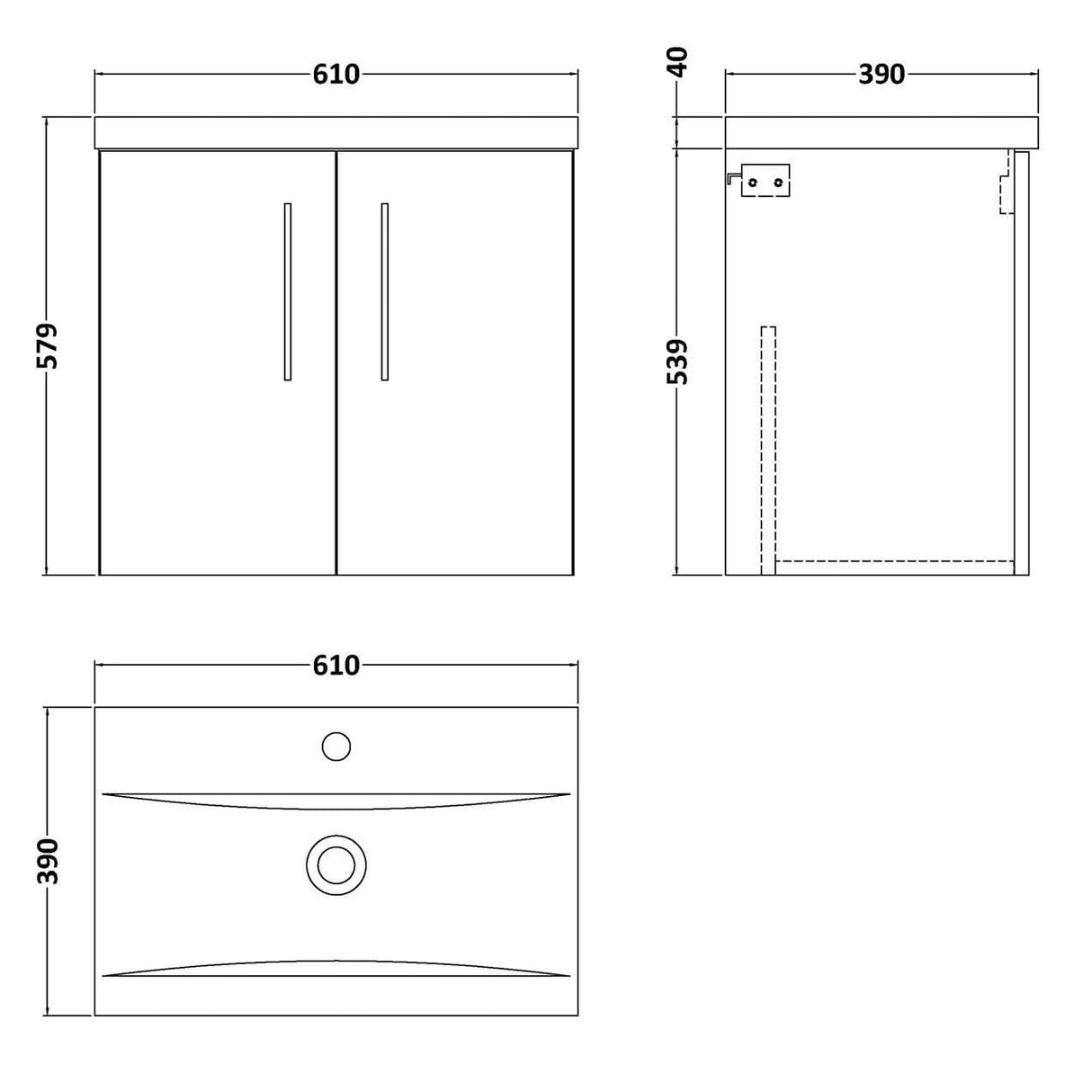 Aquarius Wall Mounted Vanity Unit Aquarius Brisbane 600mm Wall Hung 2 Door Vanity Unit with 1 Tap Hole Mid Edge Basin