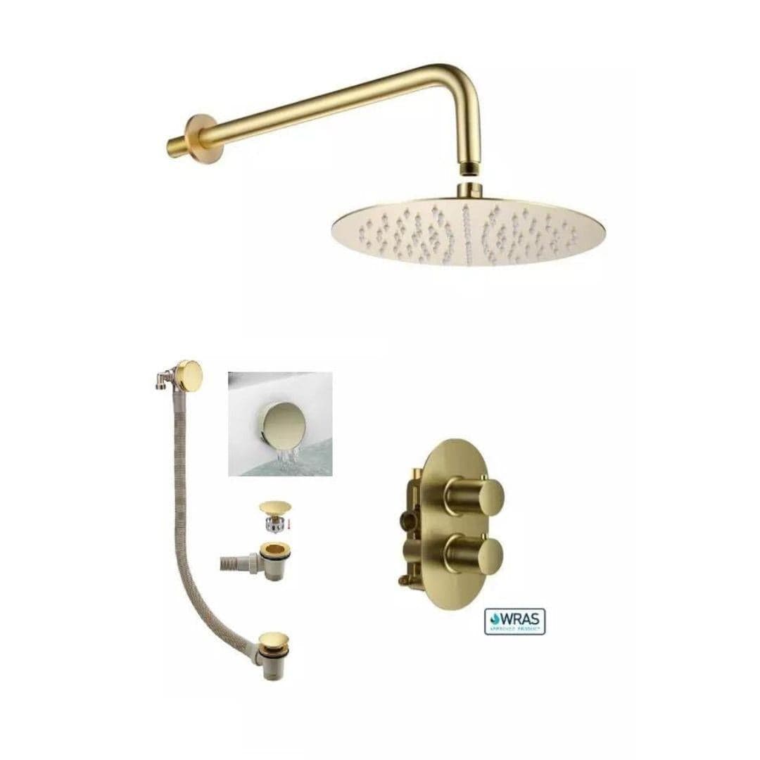 Aquarius Bathrooms Concealed Shower Set Brushed Brass Aquarius RainLux Round 2 Outlet Overflow Filler Shower Bundle