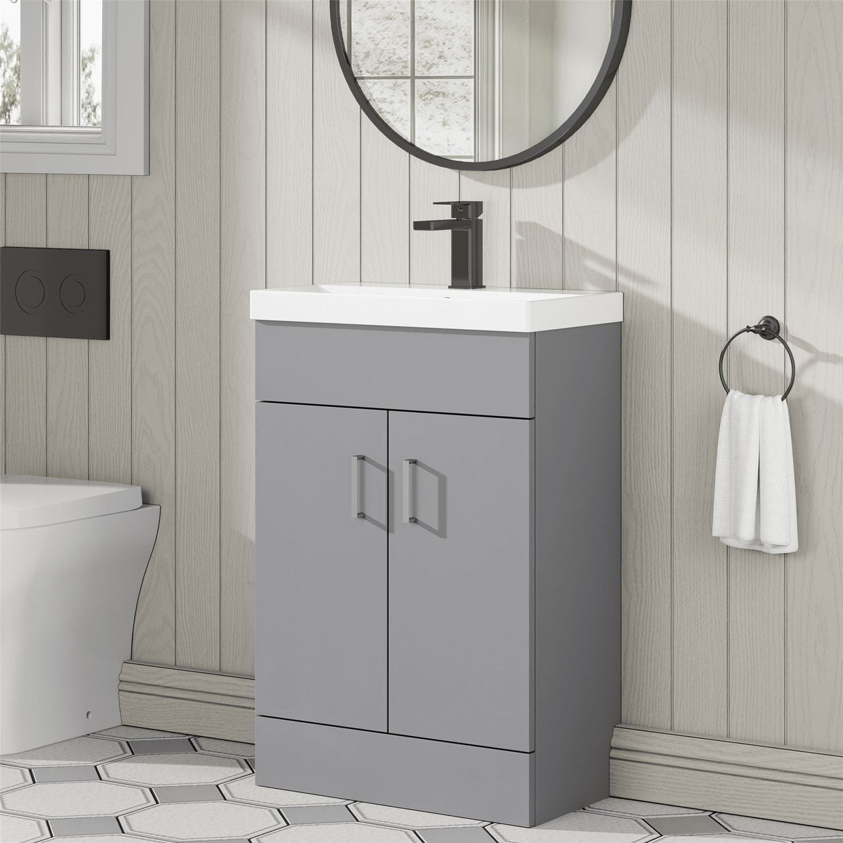Aquarius Cloakroom Vanity Unit Satin Grey Aquarius Hoban 550mm Compact Floor Standing 2 Door Cloakroom Vanity Unit with 1 Tap Hole Basin