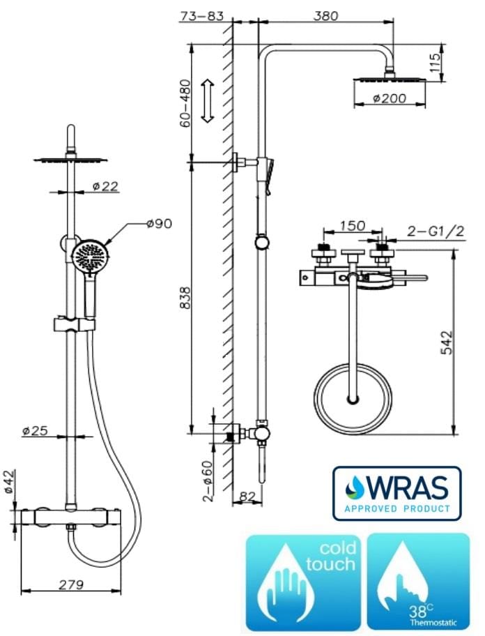 Aquarius Bathrooms Bar Valve Kit Aquarius RainLux Cool Touch Exposed Adjustable Height Round Shower Brushed Brass AQRL17BB
