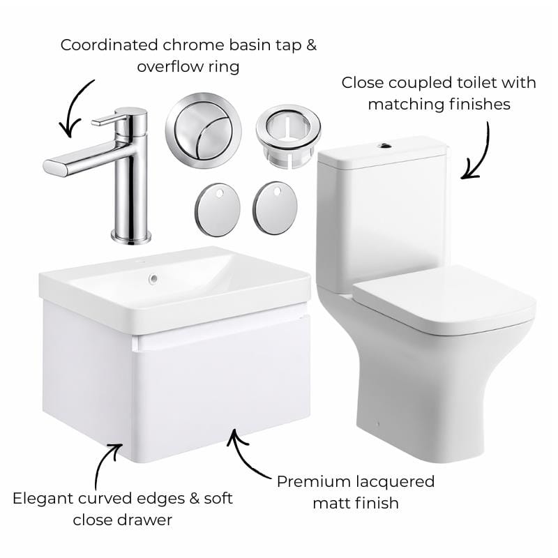Aquarius Vanity Unit Aquarius Sophie 605mm Wall Hung Vanity Unit, Close Coupled Toilet, Tap and Fittings Bundle