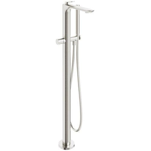 Aquarius Bathrooms Freestanding Bath Filler Brushed Metallic Aqaurius Huck Floor Standing Bath Shower Mixer with Shower Kit