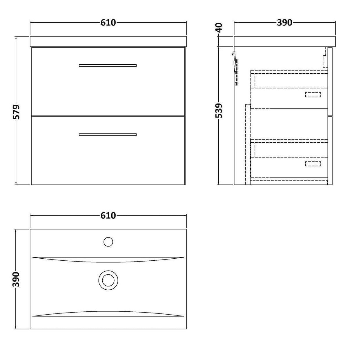 Aquarius Wall Mounted Vanity Unit Aquarius Brisbane 600mm Wall Hung 2 Drawer Vanity Unit with 1 Tap Hole Mid Edge Basin