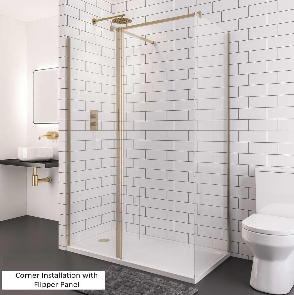 Aquarius Bathrooms Wetroom Panel Kit Aquarius LevAqua 2000 Brushed Brass 8mm Walkin Panel