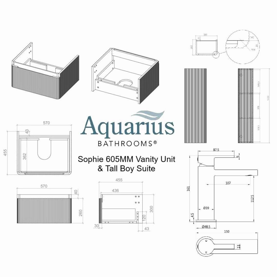 Aquarius Sophie 605mm Wall Hung Vanity Unit, Tall Boy Storage Unit, Tap and Fittings Bundle