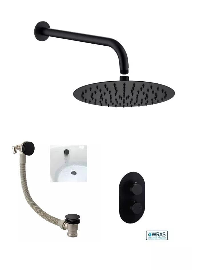 Aquarius Bathrooms Concealed Shower/Overflow Kit Aquarius RainLux Round Matt Black 2 Outlet Overflow Filler Shower Bundle AQRLOFKIT03MB
